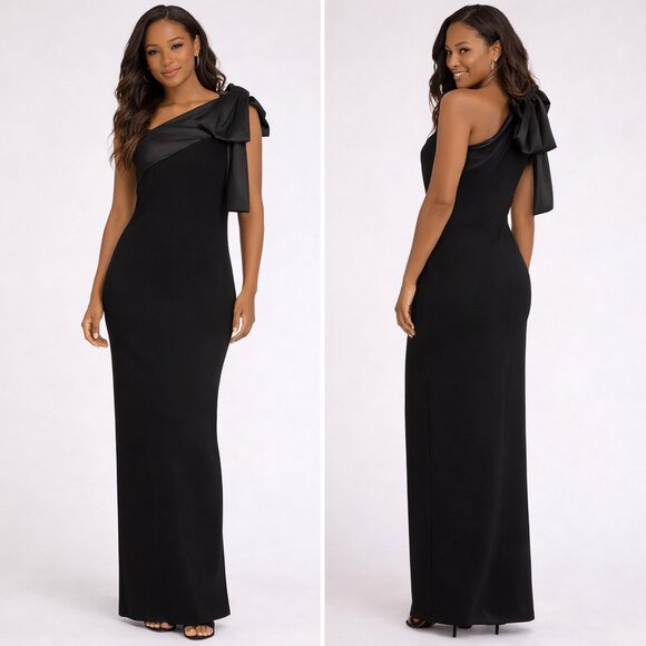 Betsy Adam Carmela One Shoulder Scuba Crepe Gown Satin Bow Black 12 - Picture 16 of 16